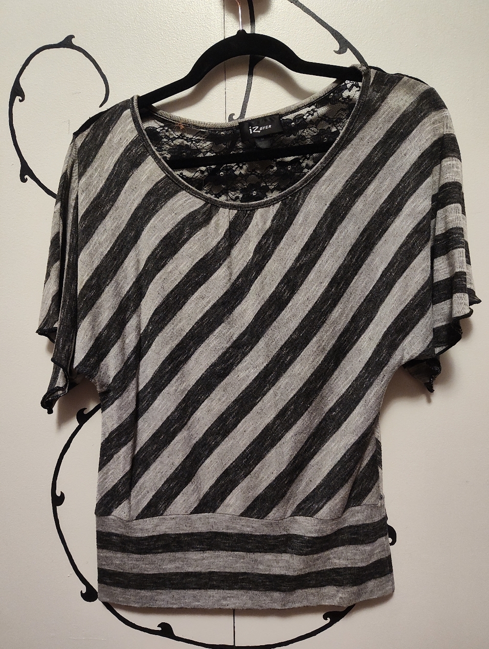 Black and Gray Striped Lace-Back Blouse